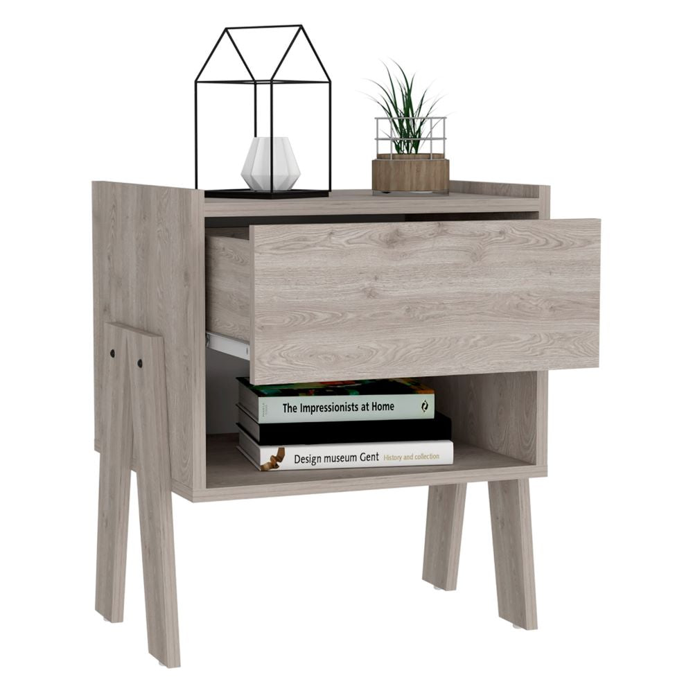 Nightstand Ferku, Open Shelf, One Drawer, Light Gray Finish-4