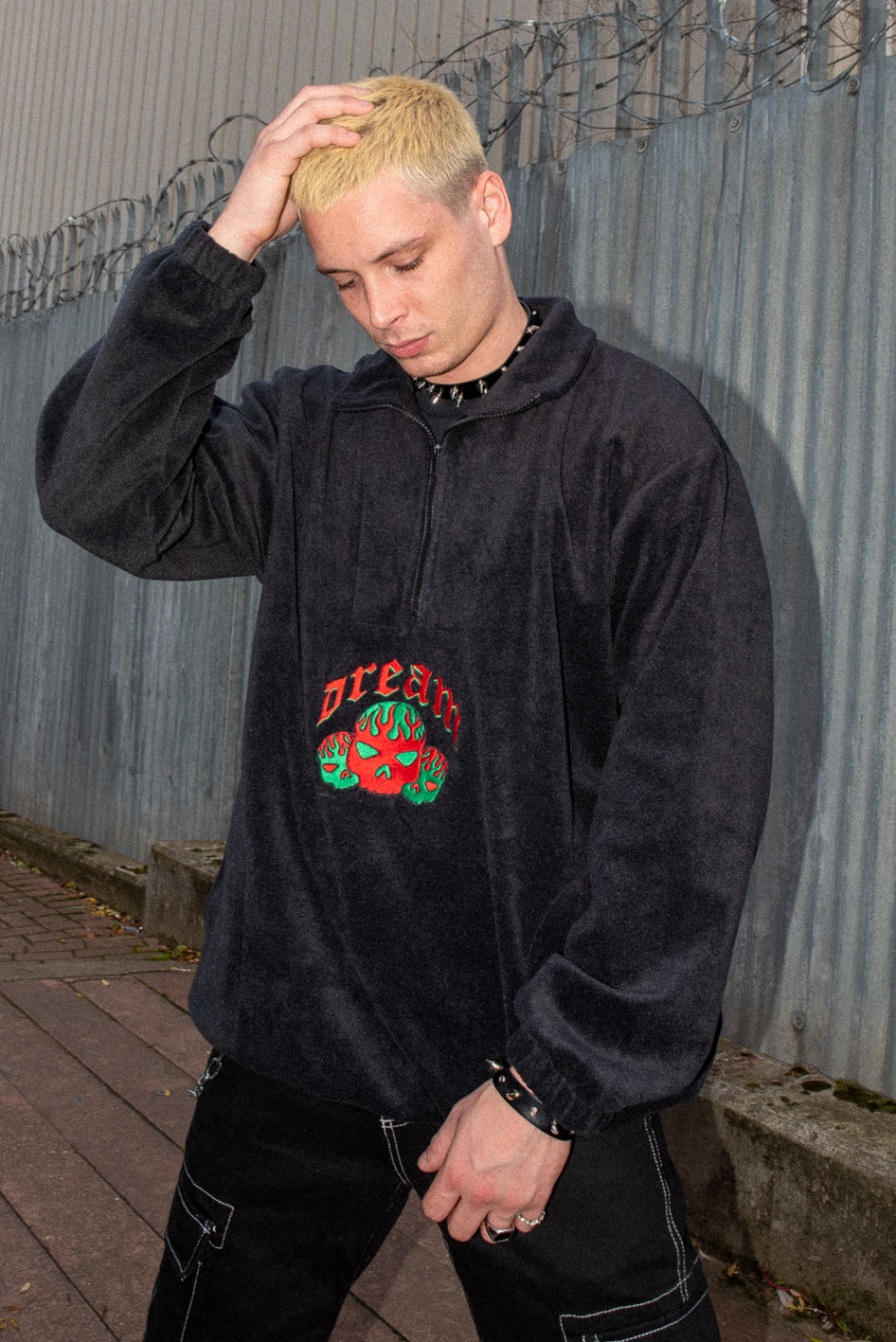 Fleece in Black with Flaming Skull Embroidery-0