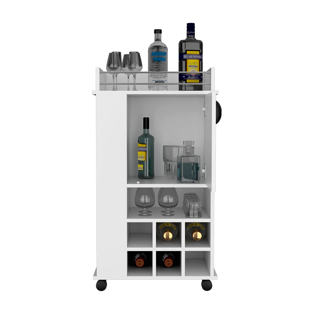 Bar Cart with Casters Reese, Six Wine Cubbies and Single Door, White Finish-4