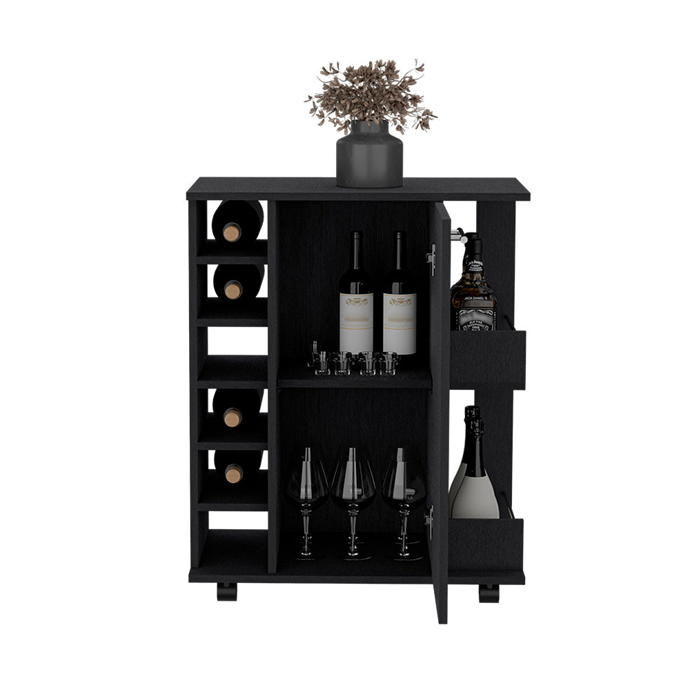 Bar Cart with Six-Wine Cubbies Cabot, Two-Side Storage Shelves and Casters, Black Wengue Finish-3