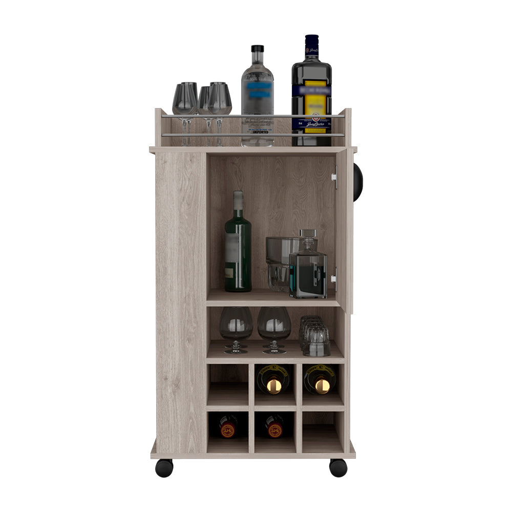 Bar Cart with Casters Reese, Six Wine Cubbies and Single Door, Light Gray Finish-3