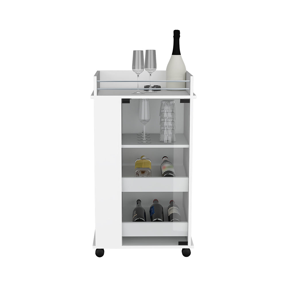 Bar Cart with Two-Side Shelves Beaver, Glass Door and Upper Surface, White Finish-2