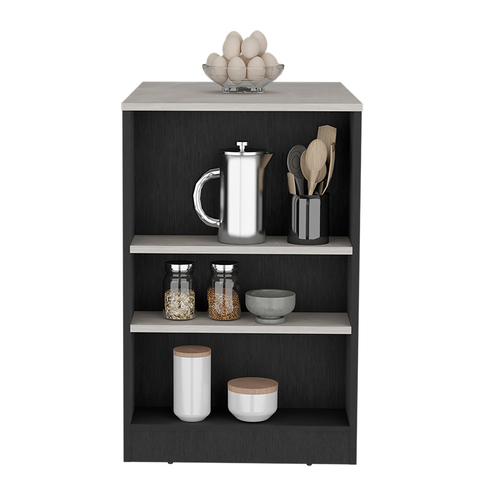 Kitchen Island Doyle, Three Side Shelves, Black Wengue and Ibiza Marble Finish-1