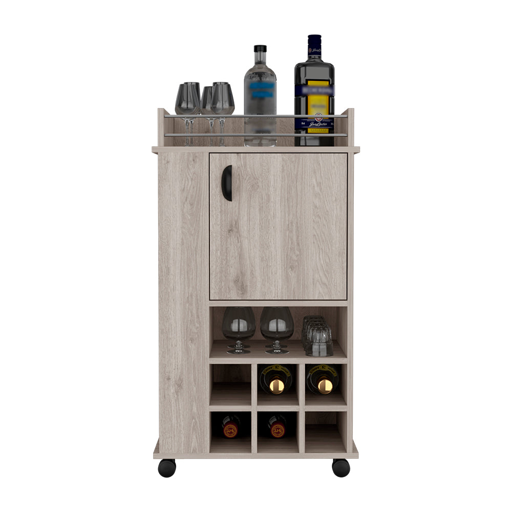 Bar Cart with Casters Reese, Six Wine Cubbies and Single Door, Light Gray Finish-2