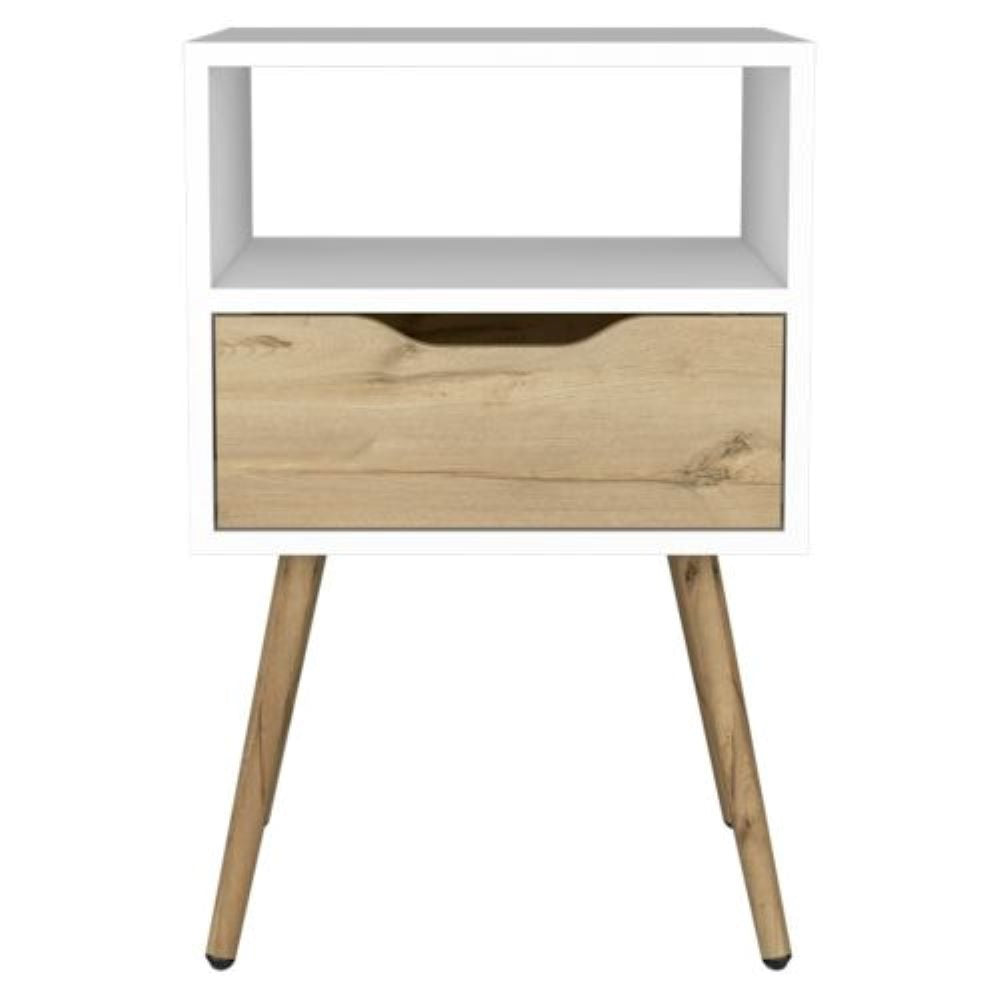 Nightstand  Fugaz, Open Shelf, Single Drawer, White / Light Oak Finish-3