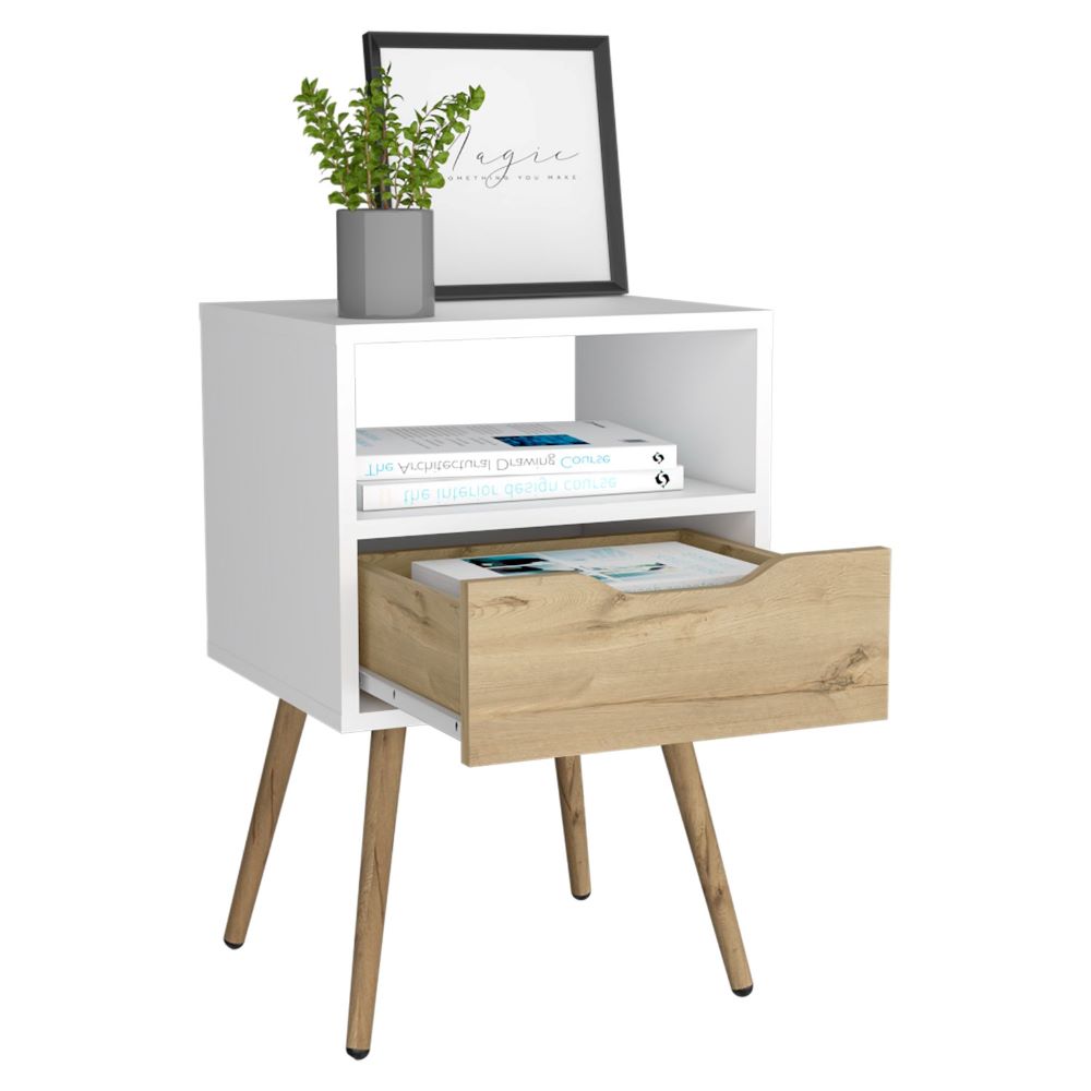 Nightstand  Fugaz, Open Shelf, Single Drawer, White / Light Oak Finish-4