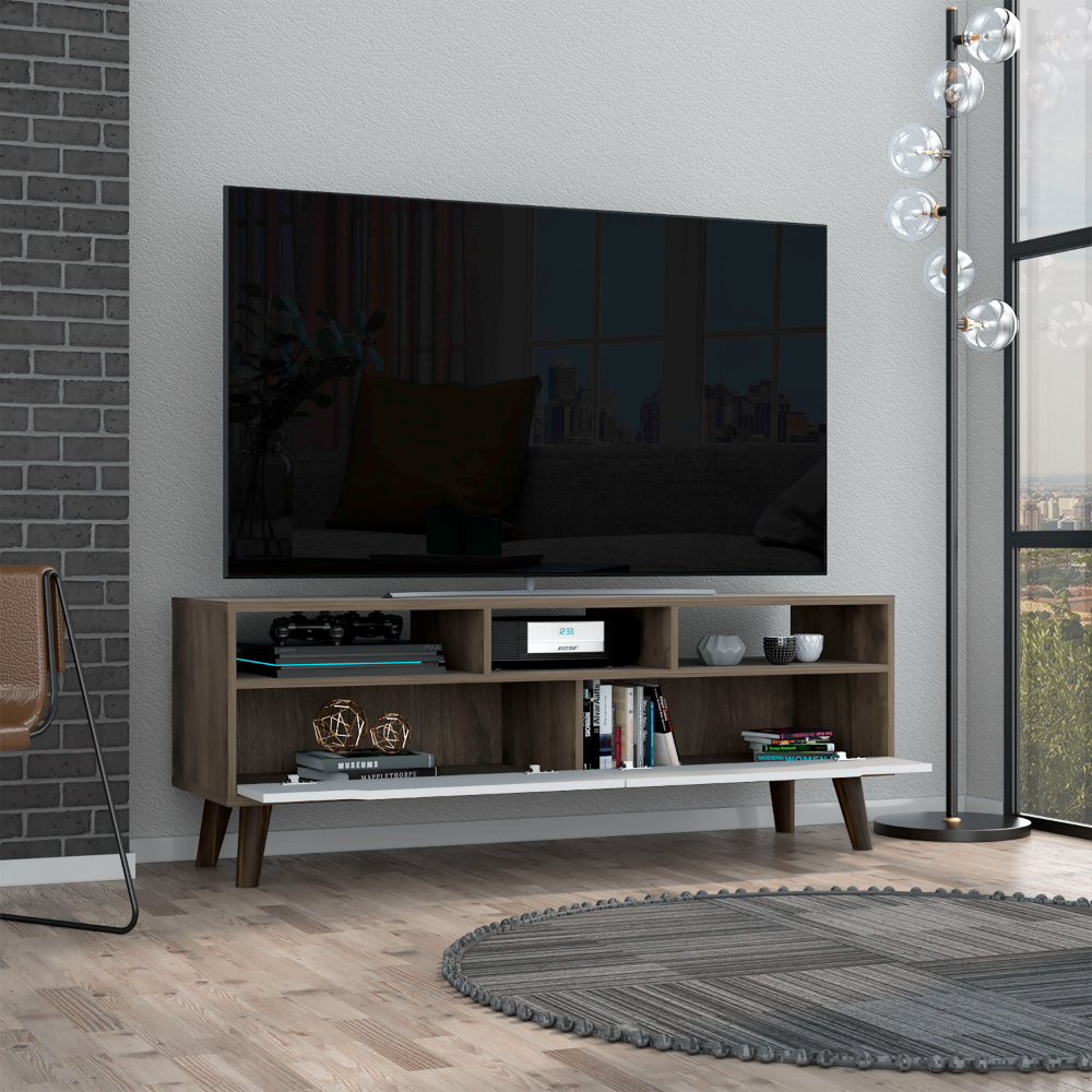 Tv Stand 2.0 For TV´s up 52" Bull, Three Open Shelves,Two Drawers, Dark Brown / White Finish-1