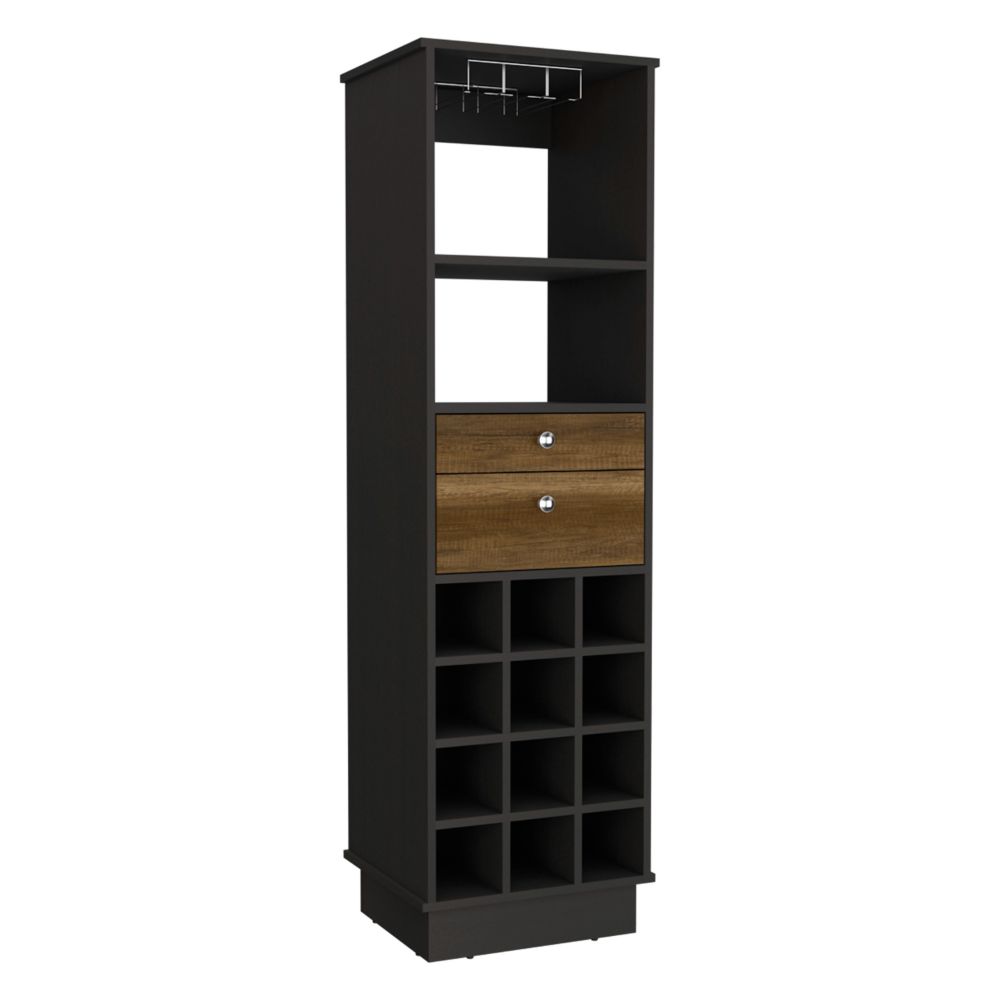 Bar Cabinet Bureck, Two Drawers, Twelve Wine Cubbies, Black Wengue / Walnut Finish-3