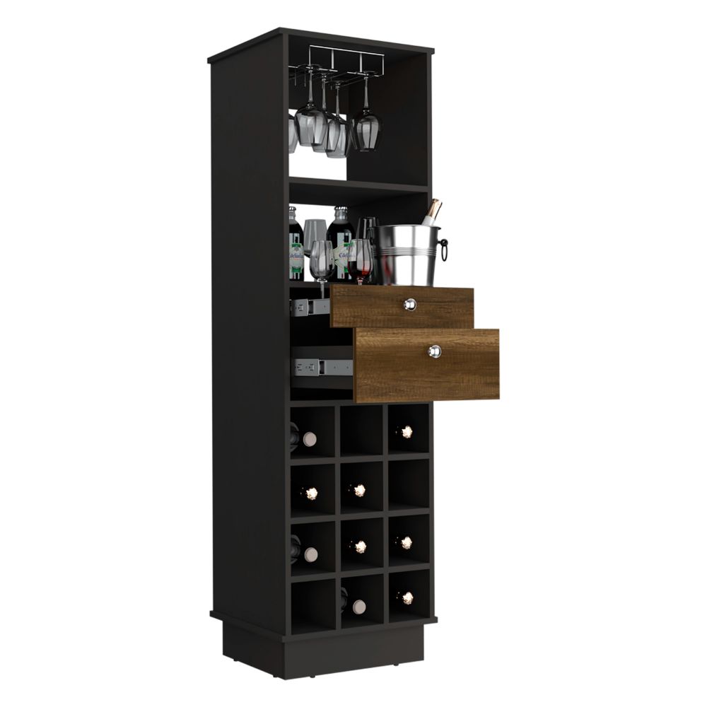 Bar Cabinet Bureck, Two Drawers, Twelve Wine Cubbies, Black Wengue / Walnut Finish-4