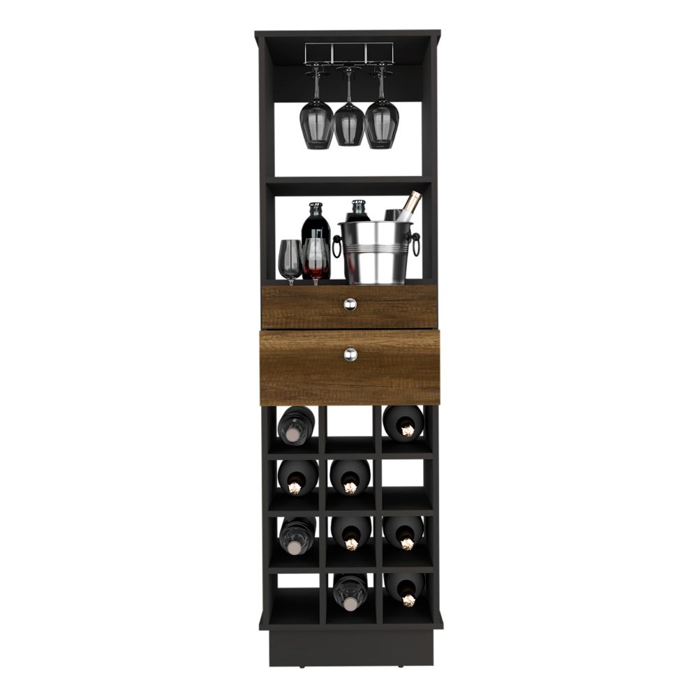 Bar Cabinet Bureck, Two Drawers, Twelve Wine Cubbies, Black Wengue / Walnut Finish-2