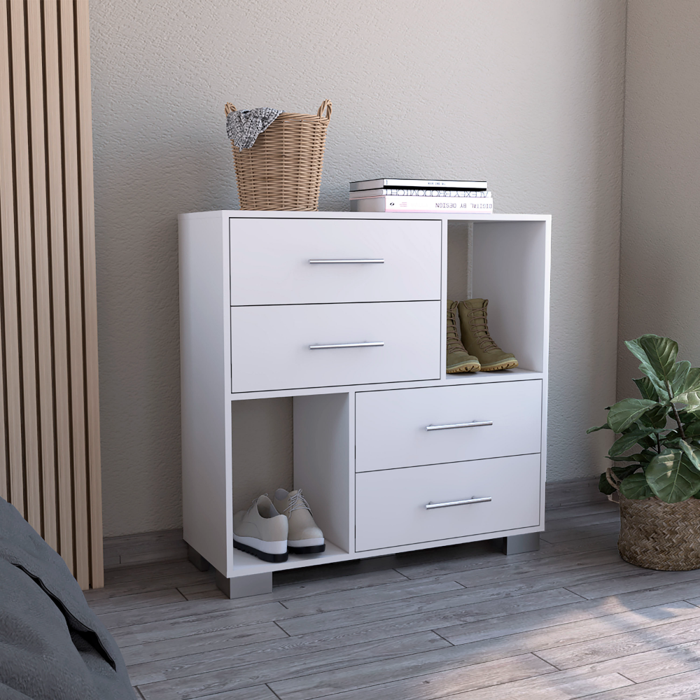 Dresser Hetzs, Four Drawers, Two Open Shelves, White Finish-1