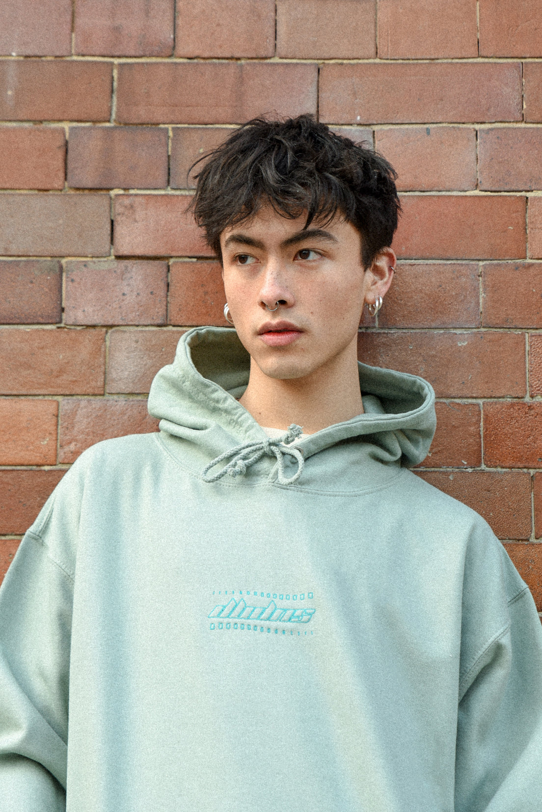 Hoodie in Dusty Green with Futuristic Logo Embroidery-2