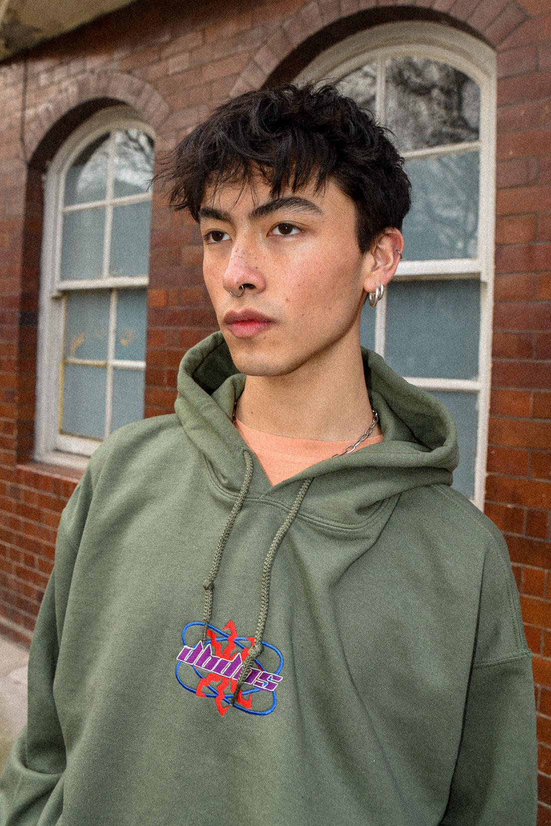 Hoodie in Military Green with Futuristic Logo Embroidery-2