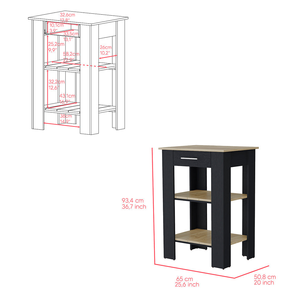 Kitchen Island 23 Inches Dozza with Single Drawer and Two-Tier Shelves, Black Wengue / Light Oak Finish-2