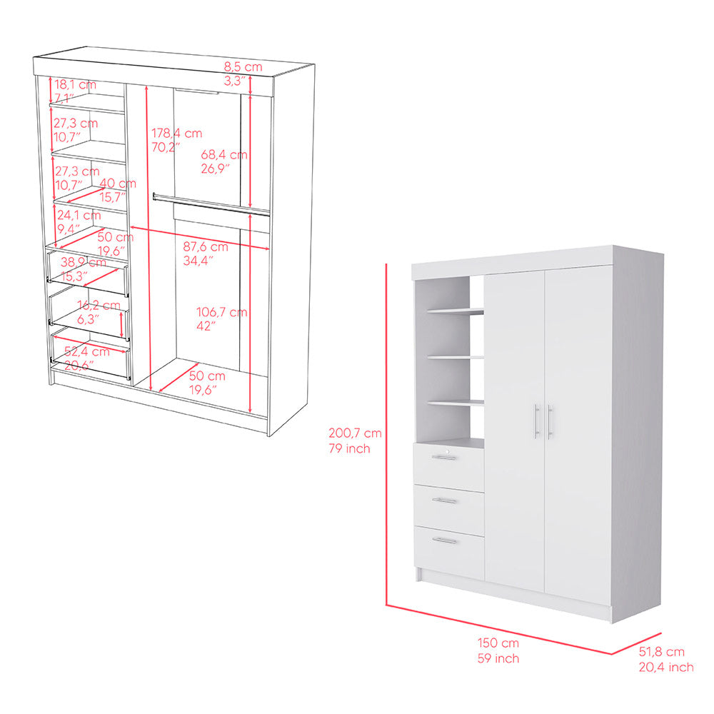 Karval 2 Piece Bedroom Set, Armoire + Nightstand, White Finish-4