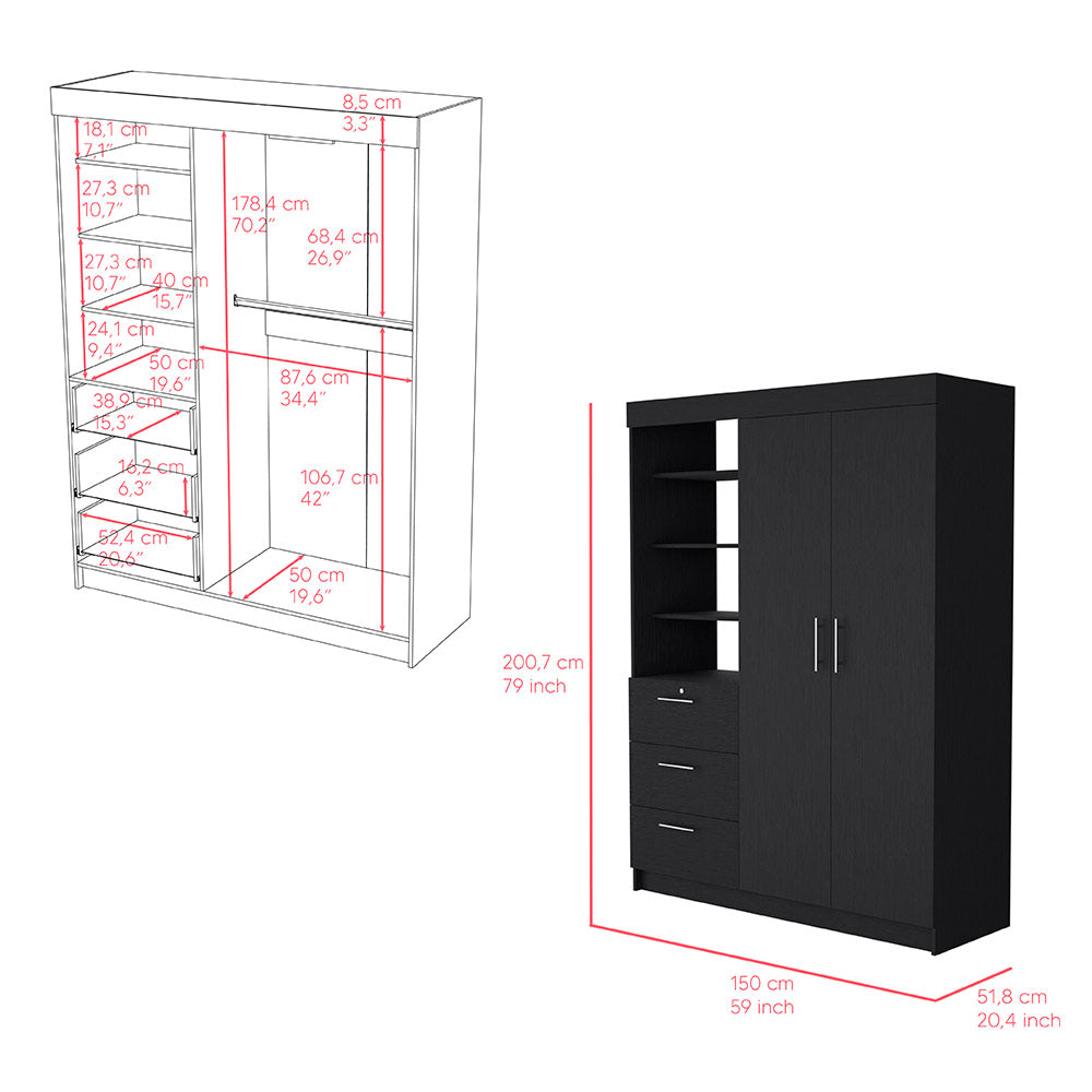 Kenya 2 Piece Bedroom Set, Armoire + Nightstand, Black Wengue Finish-4