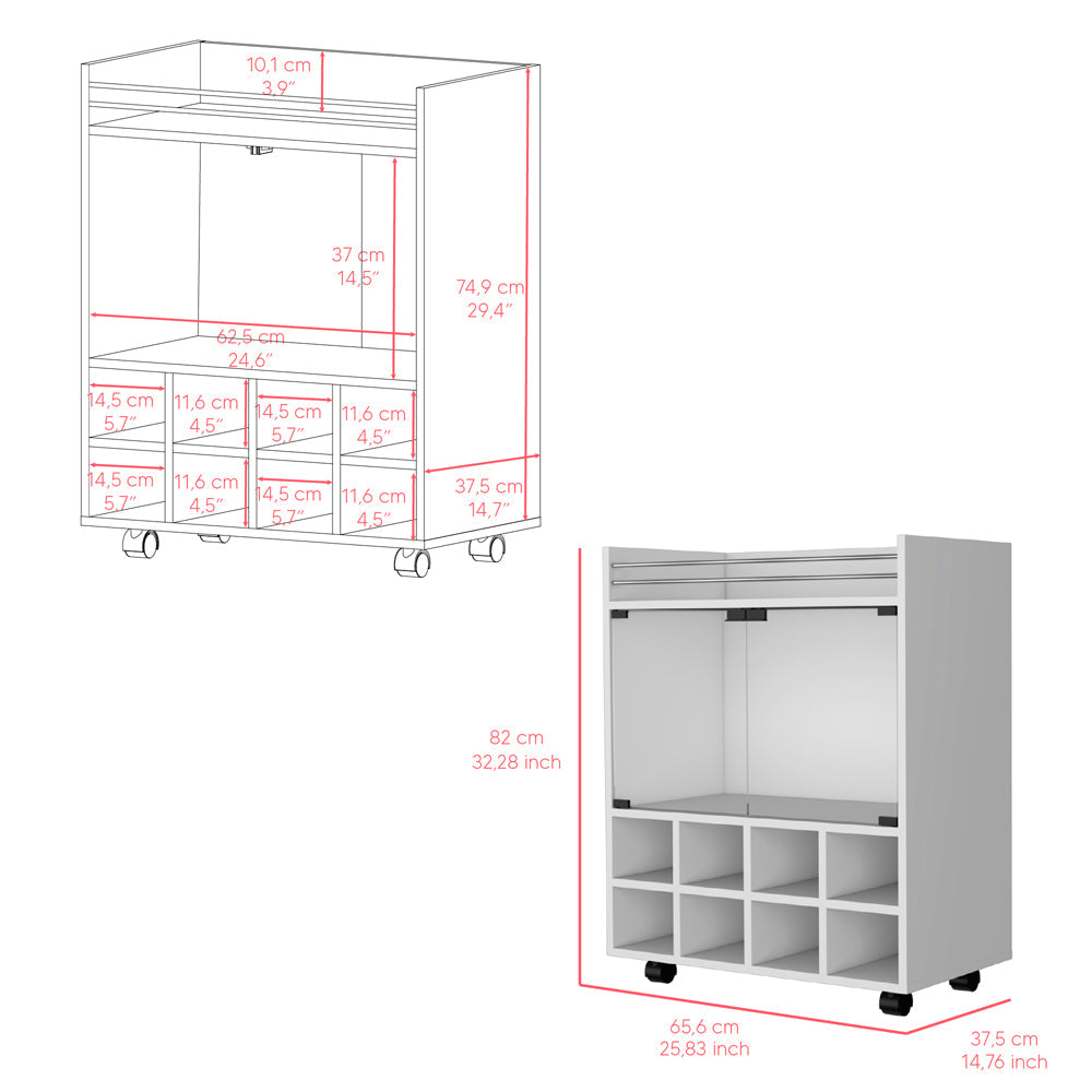 Bar Cart Philadelphia, Slot Bottle Rack, Double Glass Door Showcase and Aluminum-Edged Top, White Finish-2