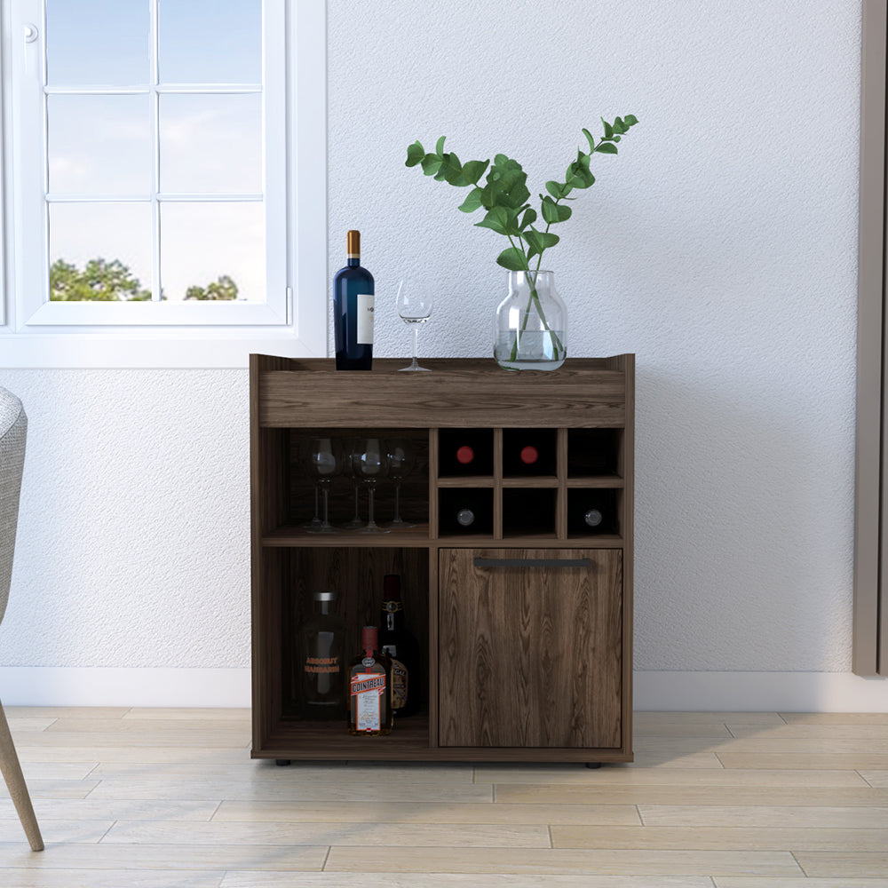 Bar Cabinet Dext, Two Concealed Shelves, Six Wine Cubbies, Dark Walnut Finish-0