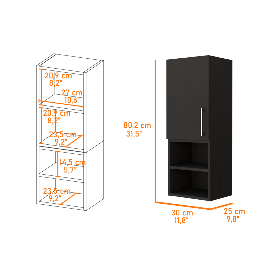 Medicine Cabinet Jozz, Two External Shelves, Metal Handle, Single Door, Black Wengue Finish-4