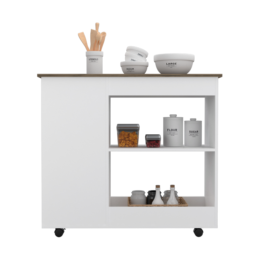 Kitchen Cart Kamizaze, Two Storage Shelves, Four Casters, Three Side Shelves, White / Dark Brown Finish-1