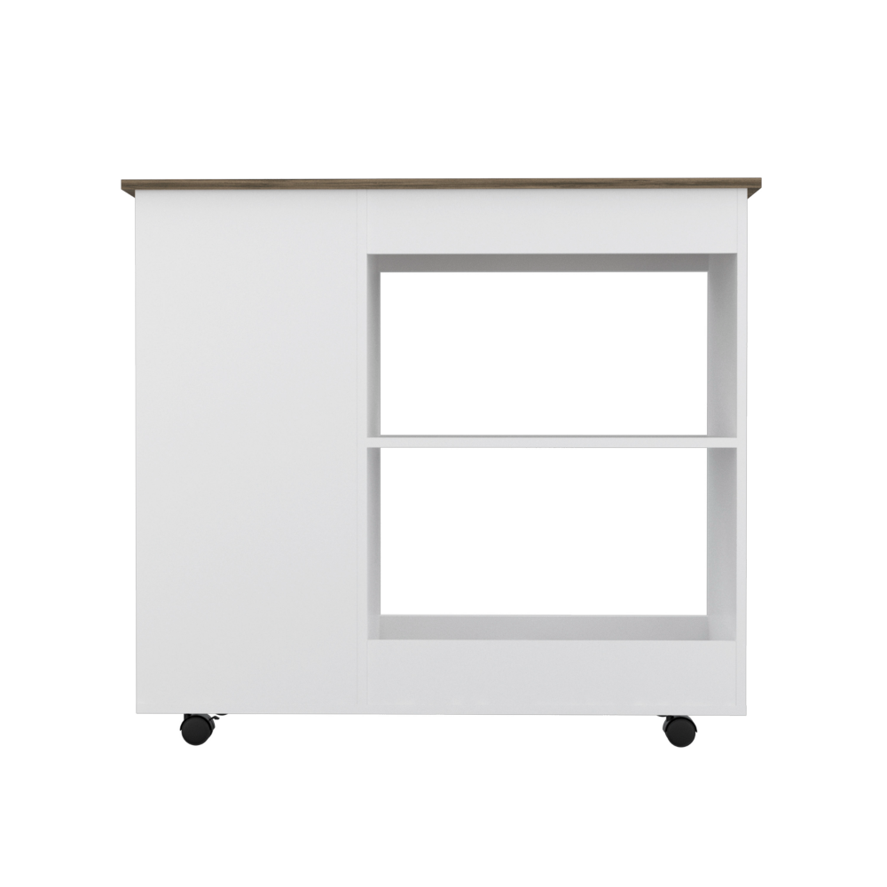 Kitchen Cart Kamizaze, Two Storage Shelves, Four Casters, Three Side Shelves, White / Dark Brown Finish-2