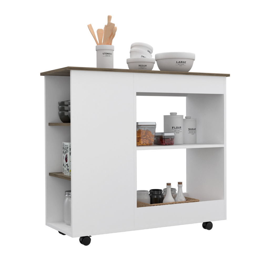 Kitchen Cart Kamizaze, Two Storage Shelves, Four Casters, Three Side Shelves, White / Dark Brown Finish-3