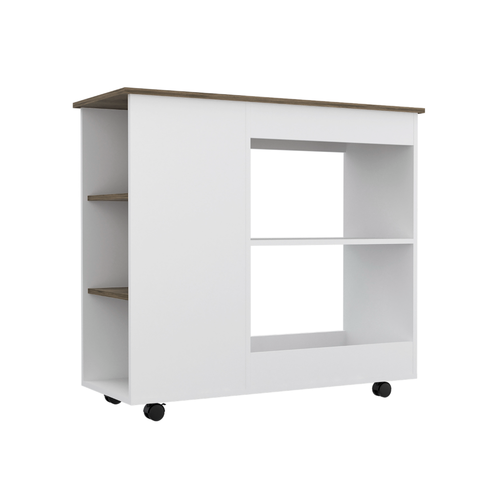 Kitchen Cart Kamizaze, Two Storage Shelves, Four Casters, Three Side Shelves, White / Dark Brown Finish-4