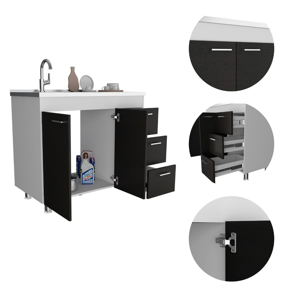 Utility Sink  Kisco, Three Drawers, Double Door, White / Black Wengue Finish-2