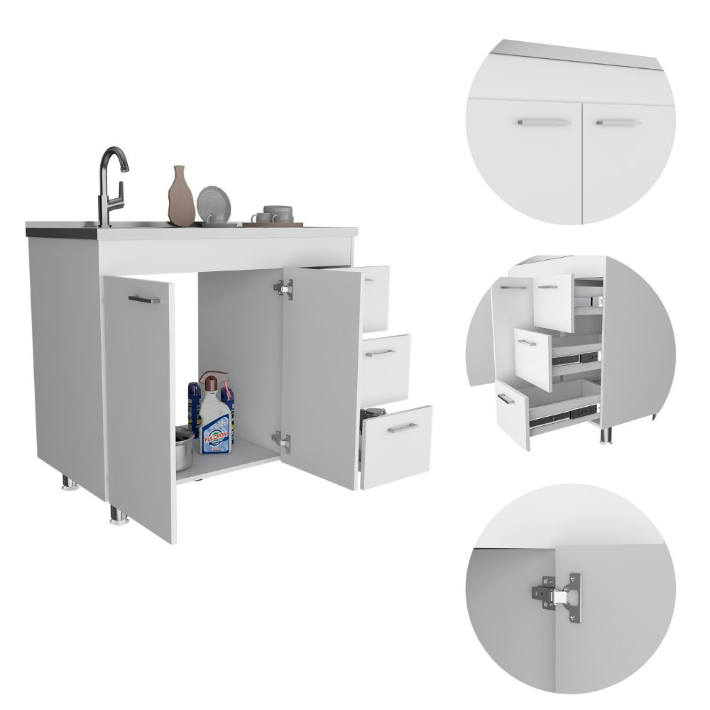 Utility Sink  Kisco, Three Drawers, Double Door, White Finish-2