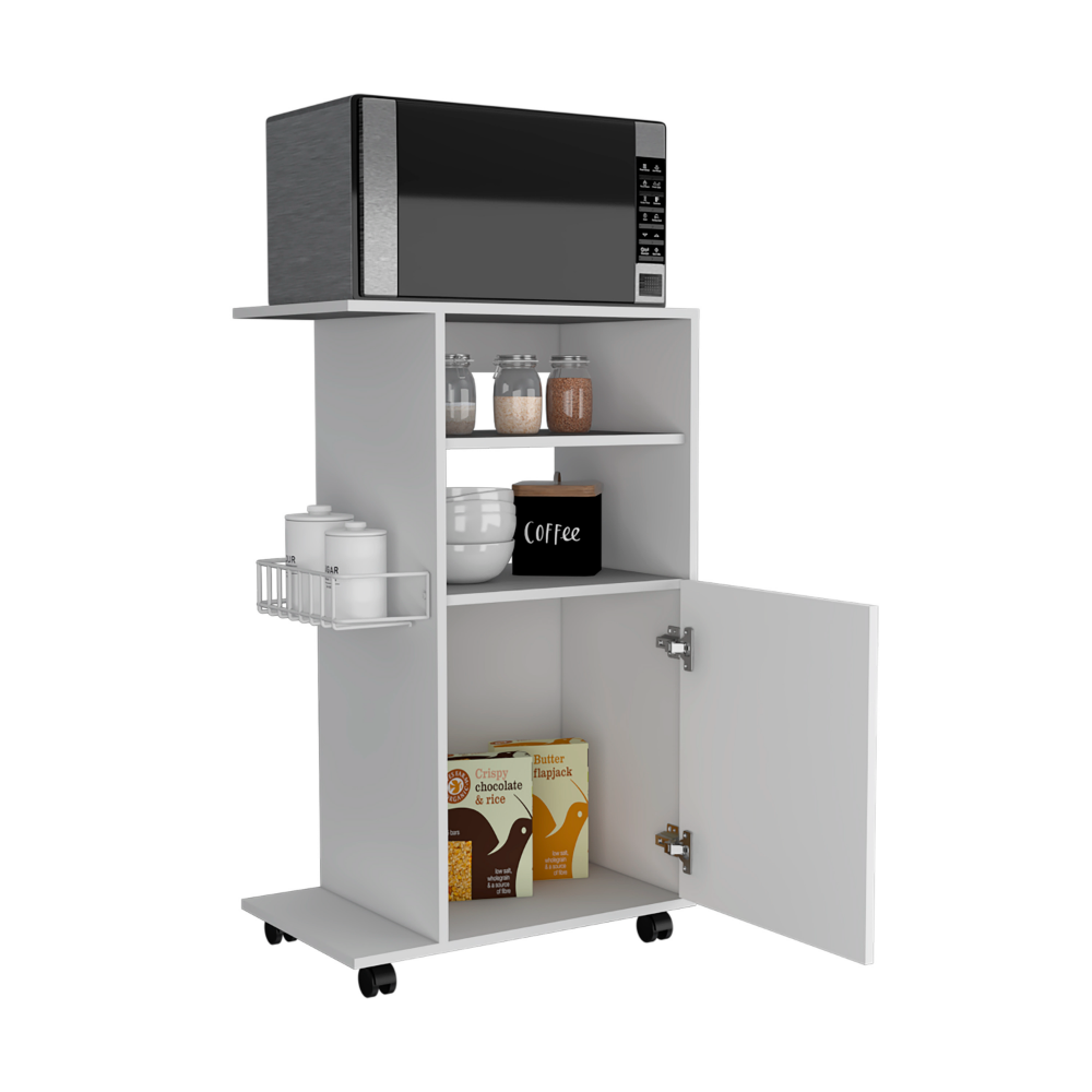 Kitchen Cart Kryot, Single Door Cabinet, Four Casters, White Finish-4