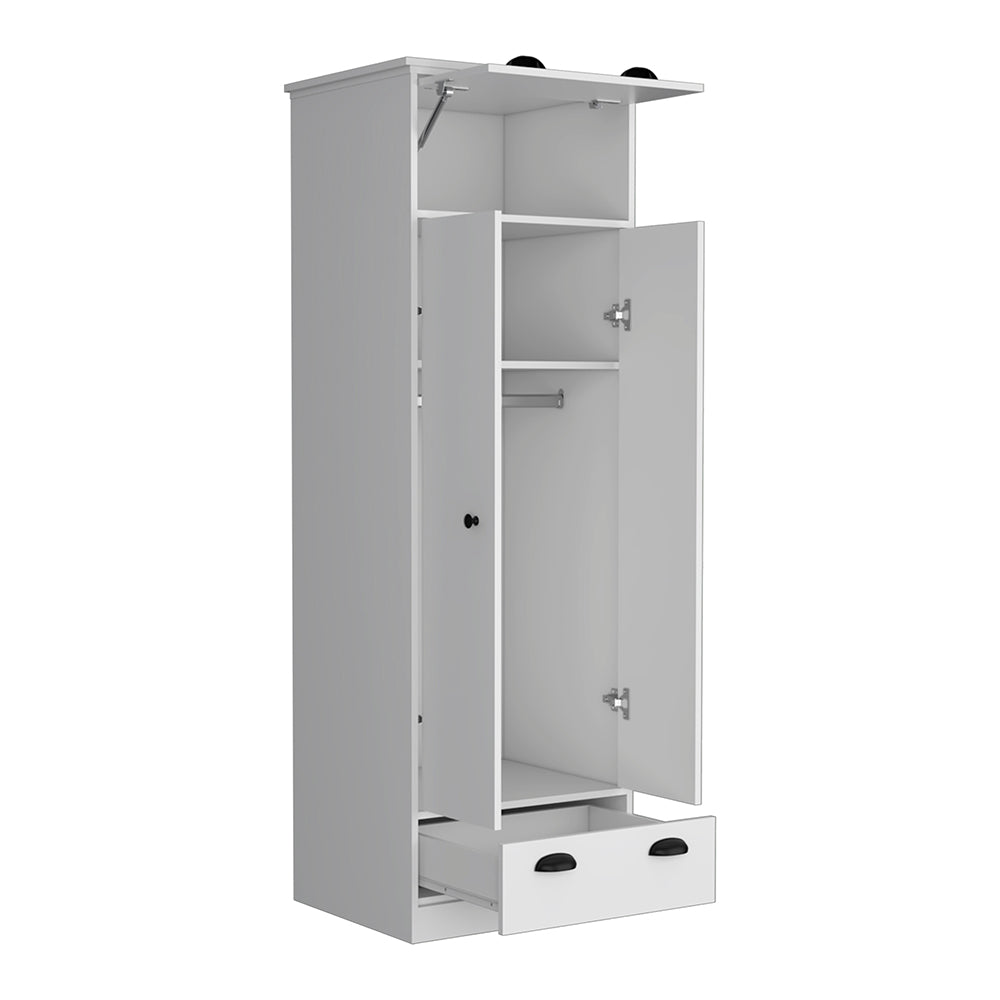 Armoire with Two-Doors Dumas, Top Hinged Drawer and 1-Drawer, White Finish-4