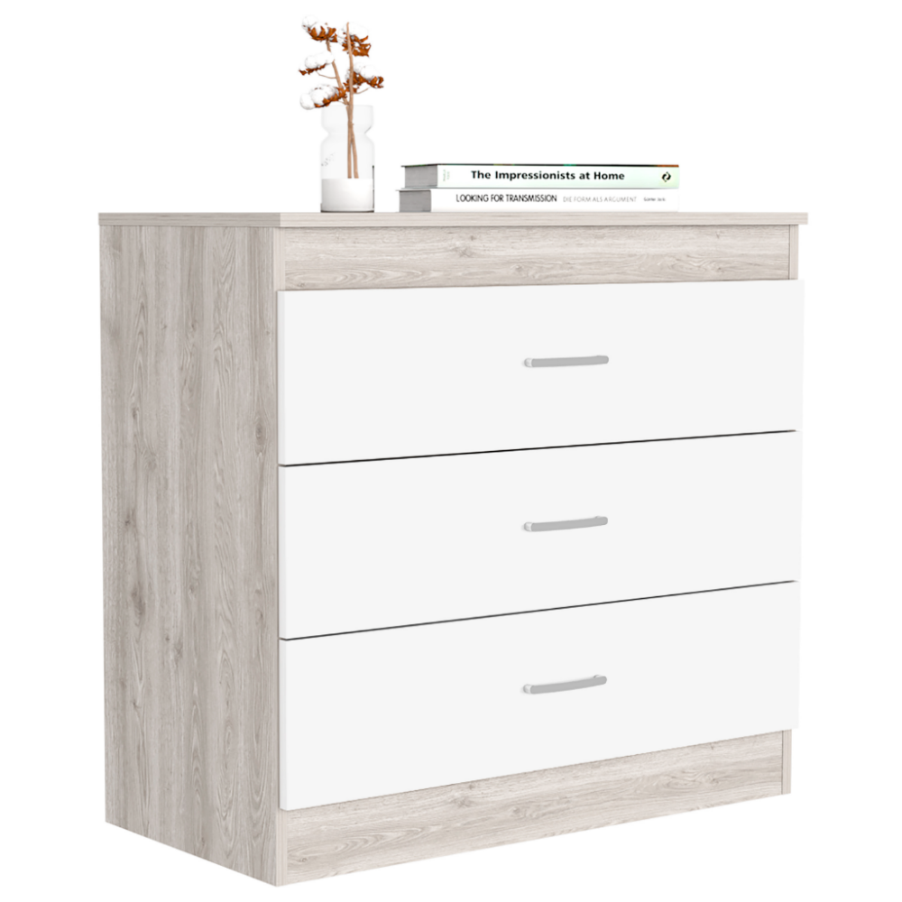 Three Drawer Dresser Lial, Superior Top, Metal Hardware, Light Gray / White Finish-2