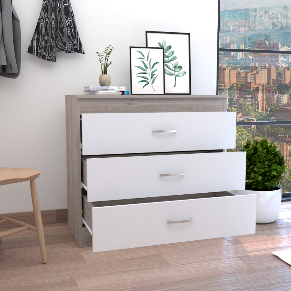 Three Drawer Dresser Lial, Superior Top, Metal Hardware, Light Gray / White Finish-1