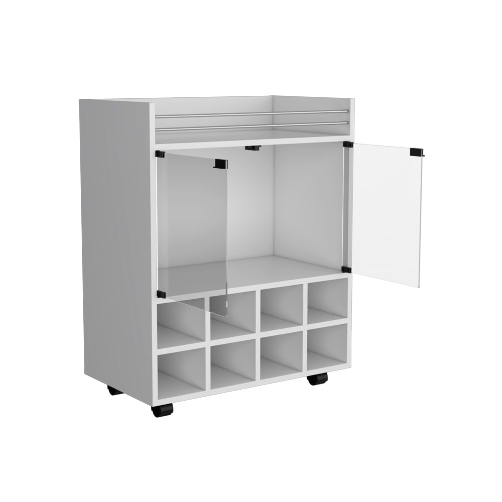 Bar Cart Philadelphia, Slot Bottle Rack, Double Glass Door Showcase and Aluminum-Edged Top, White Finish-4