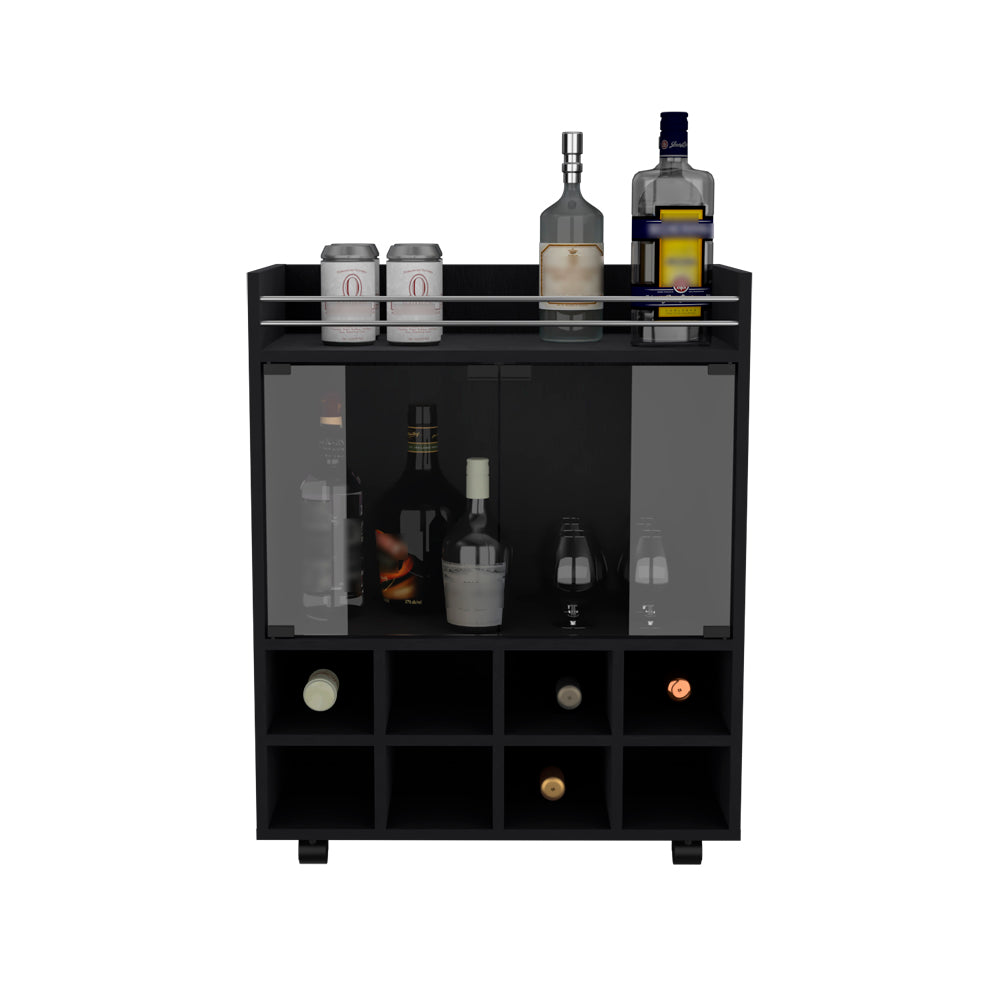 Bar Cart Philadelphia, Slot Bottle Rack, Double Glass Door Showcase and Aluminum-Edged Top, Black Wengue Finish-4