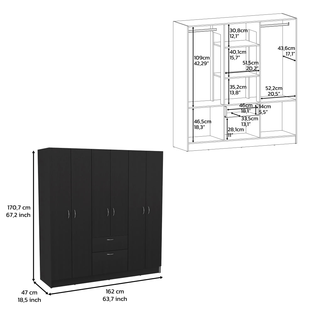 Six Doors Armoire Maya, One Drawer, Black Wengue / White Finish-2