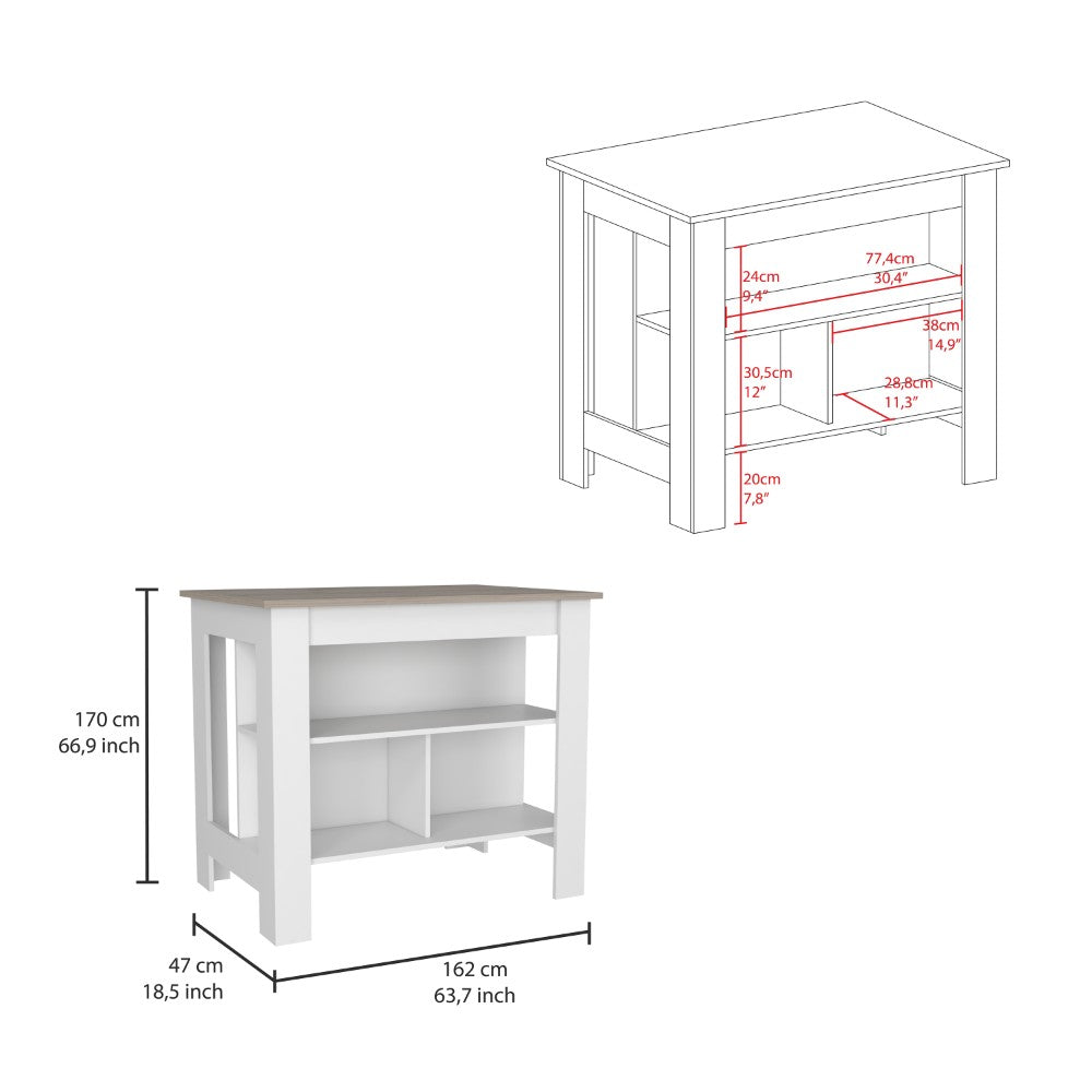 Kitchen Island Antibacterial Dozza, Three Shelves, Light Gray / White Finish-1