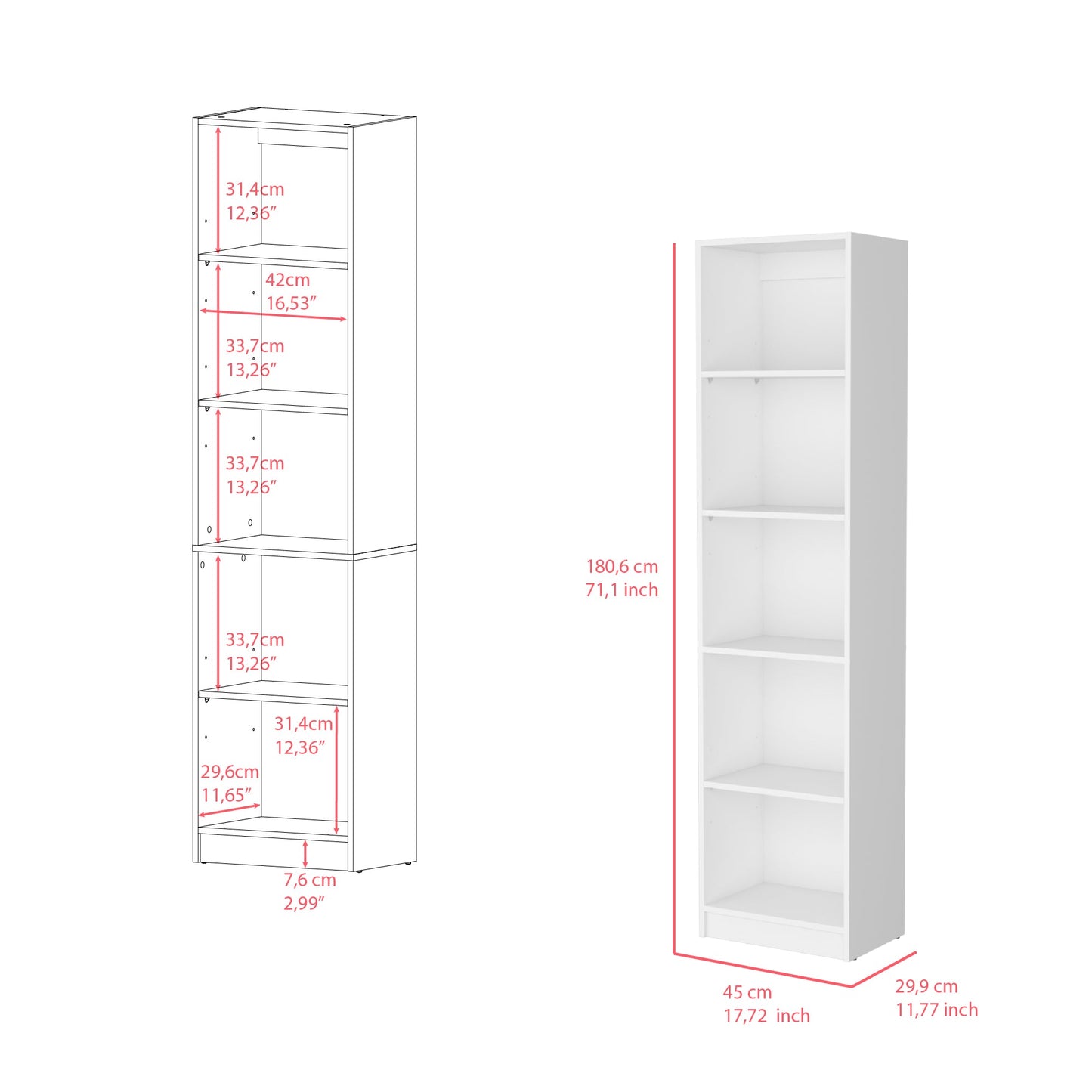 Bookcase XS Benzoni, Slim Design and Spacious Display, White Finish-4