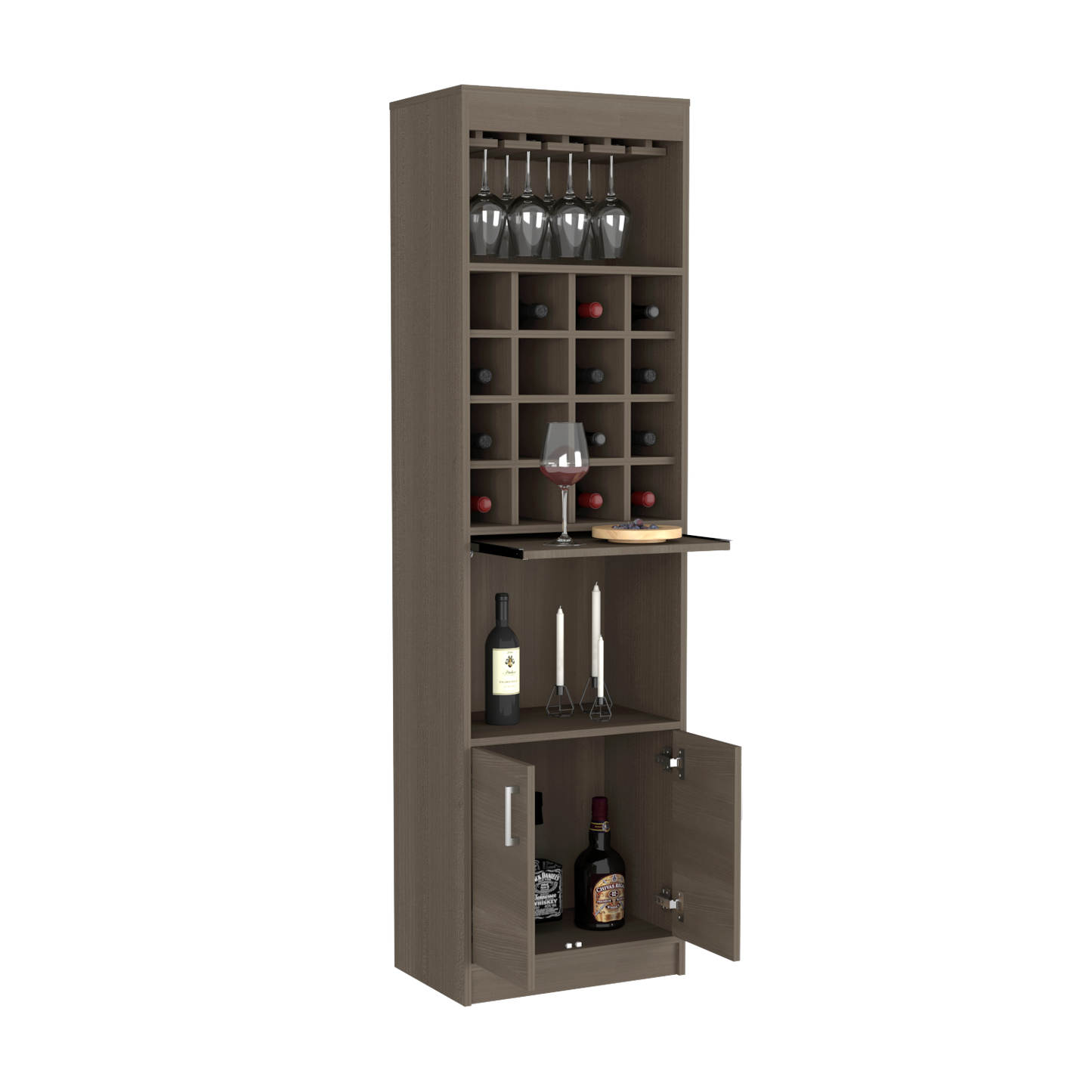 Bar cabinet Modoc, One Extendable Shelf, Sixteen Wine Cubbies, One Shelf, Smokey Oak Finish-2