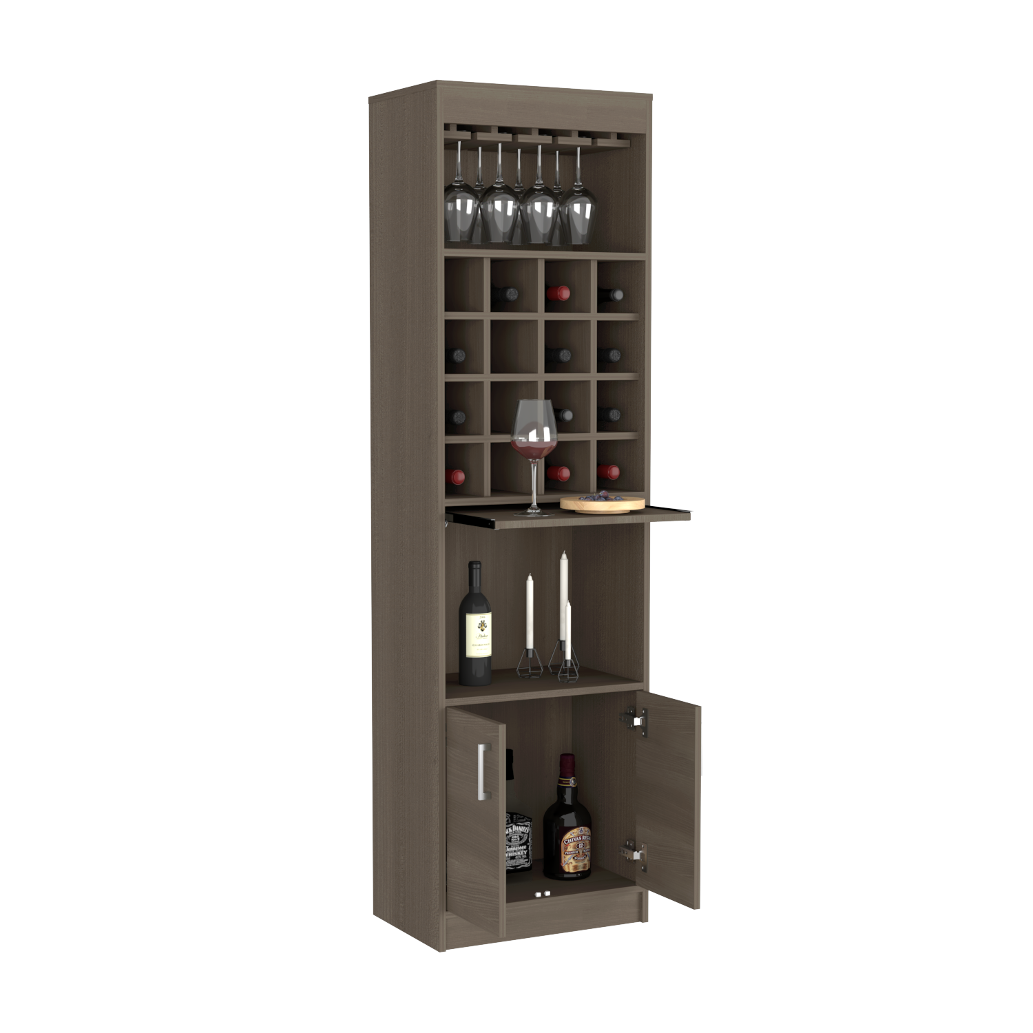 Bar cabinet Modoc, One Extendable Shelf, Sixteen Wine Cubbies, One Shelf, Smokey Oak Finish-2