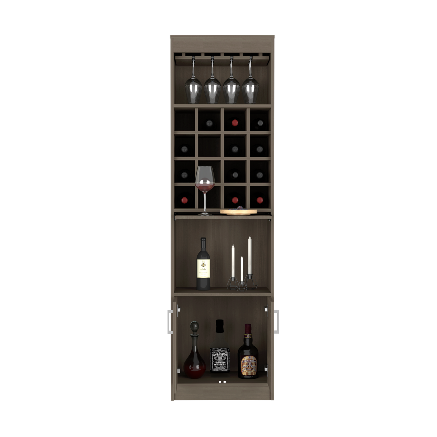 Bar cabinet Modoc, One Extendable Shelf, Sixteen Wine Cubbies, One Shelf, Smokey Oak Finish-3