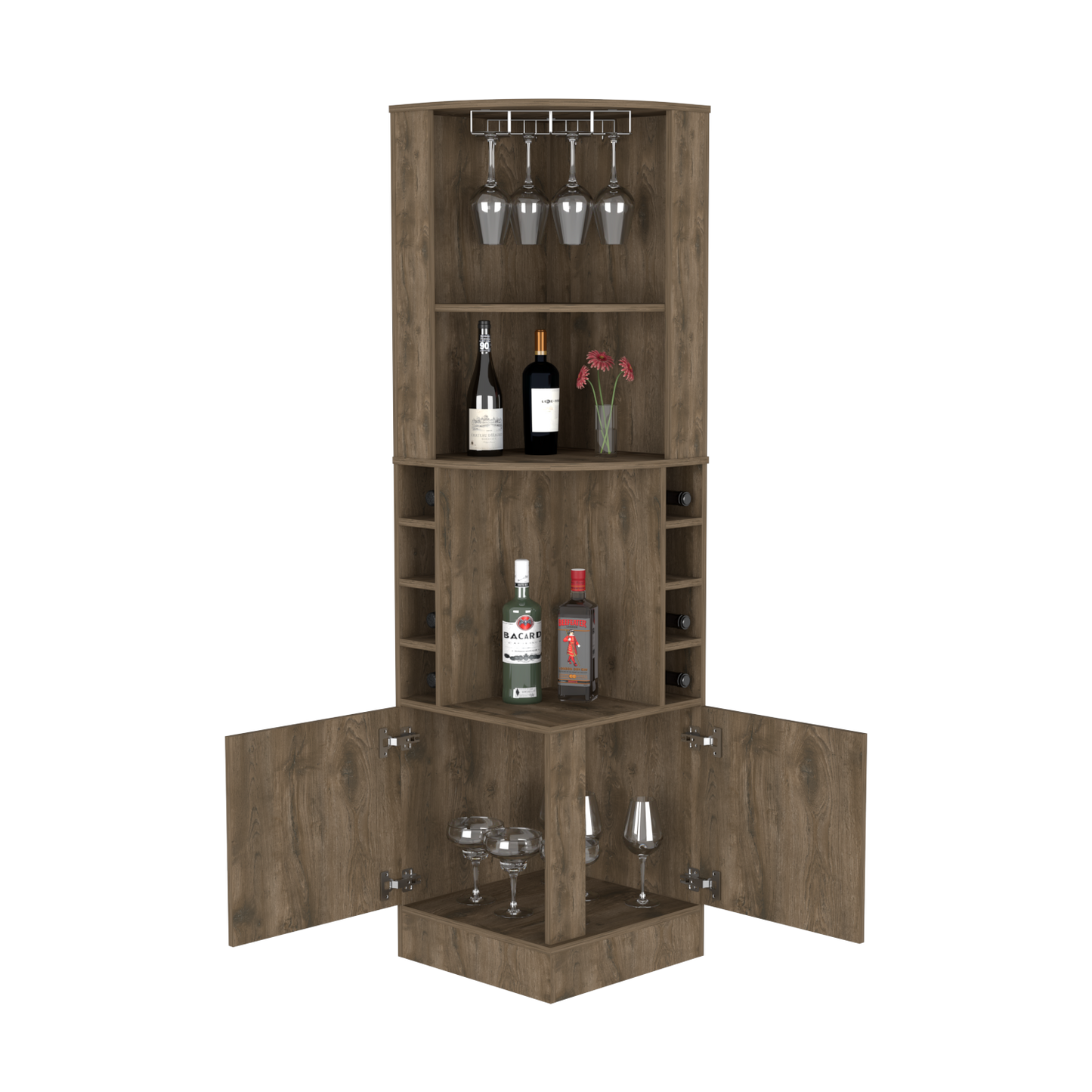 Bar Cabinet Papprika, 8 Wine Cubbies, Double Door, Dark Brown Finish-2