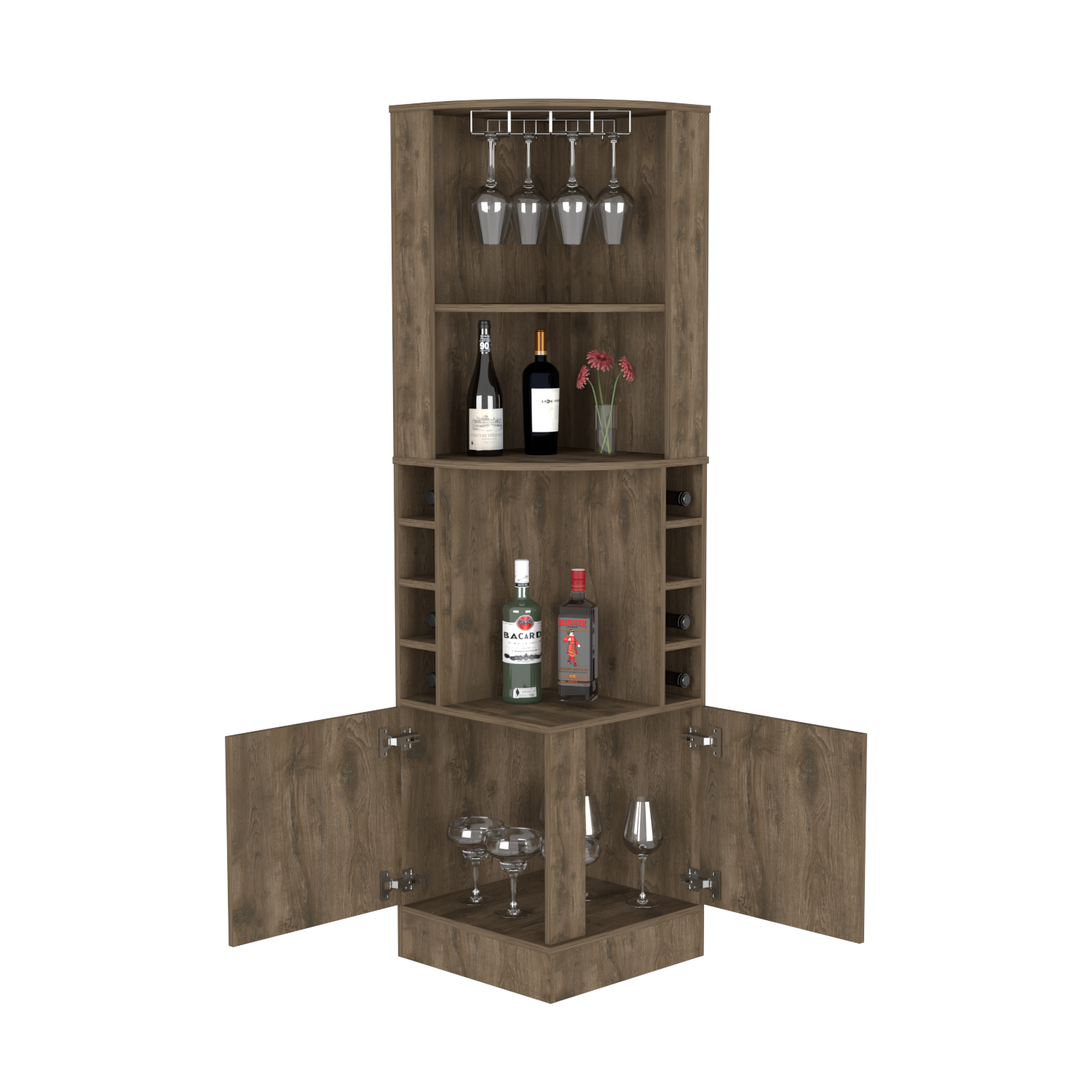 Bar Cabinet Papprika, 8 Wine Cubbies, Double Door, Dark Brown Finish-2