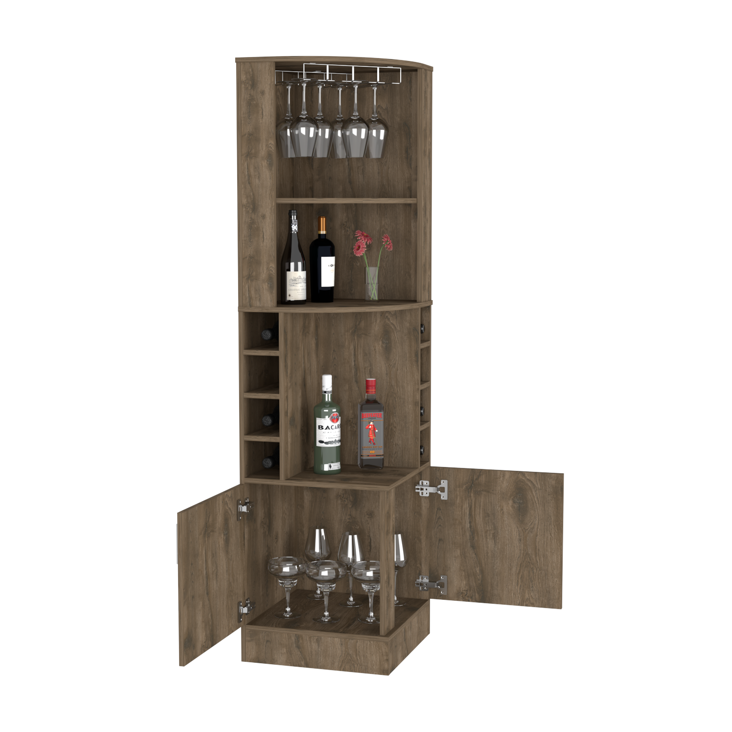 Bar Cabinet Papprika, 8 Wine Cubbies, Double Door, Dark Brown Finish-4