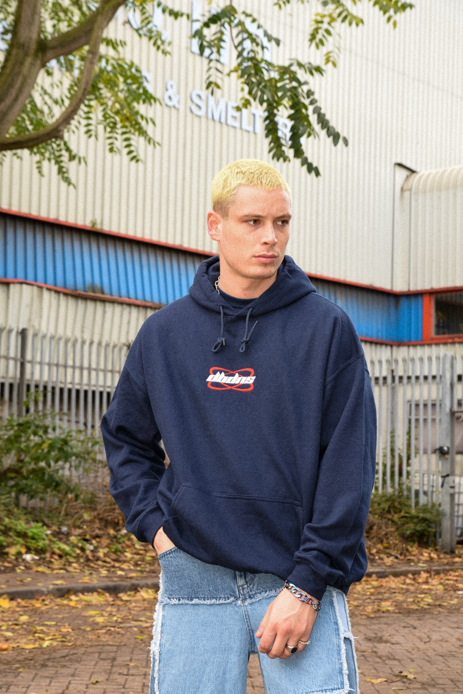 Hoodie in Navy With Futuristic Logo Embroidery-0