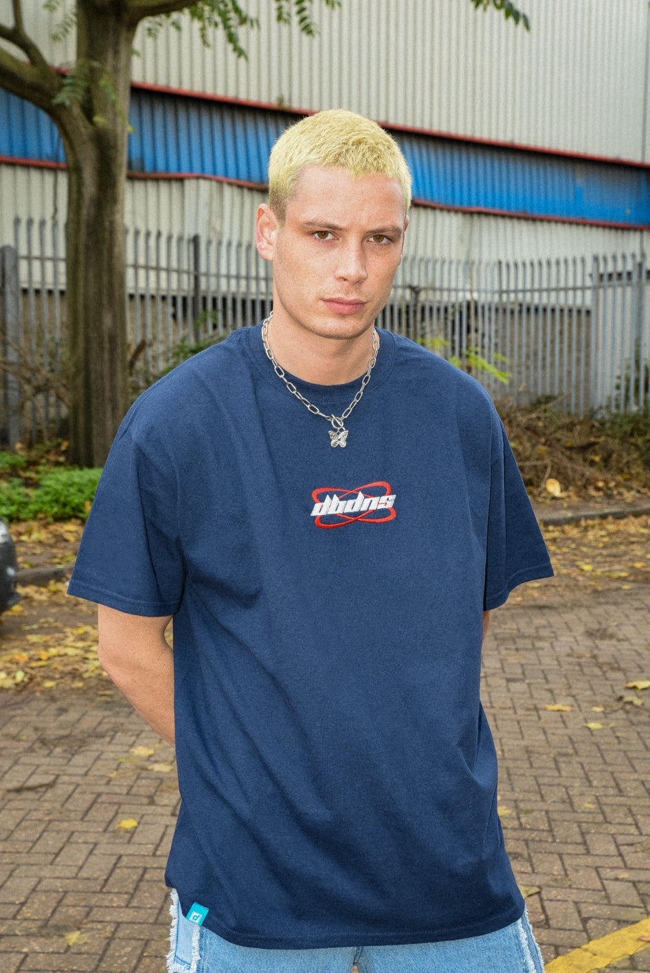 Short Sleeved T-shirt in Navy With Futuristic Logo Embroidery-0