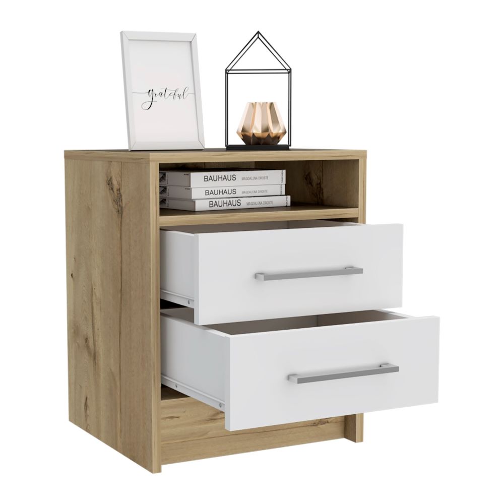 Nightstand Cartiz, Two Drawers, White / Light Oak Finish-4