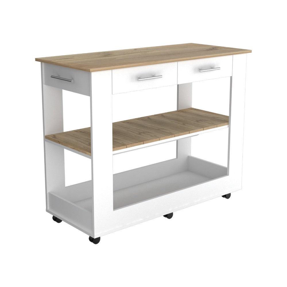 Kitchen Island 46 Inches Dozza, Two Drawers, White / Light Oak Finish-3