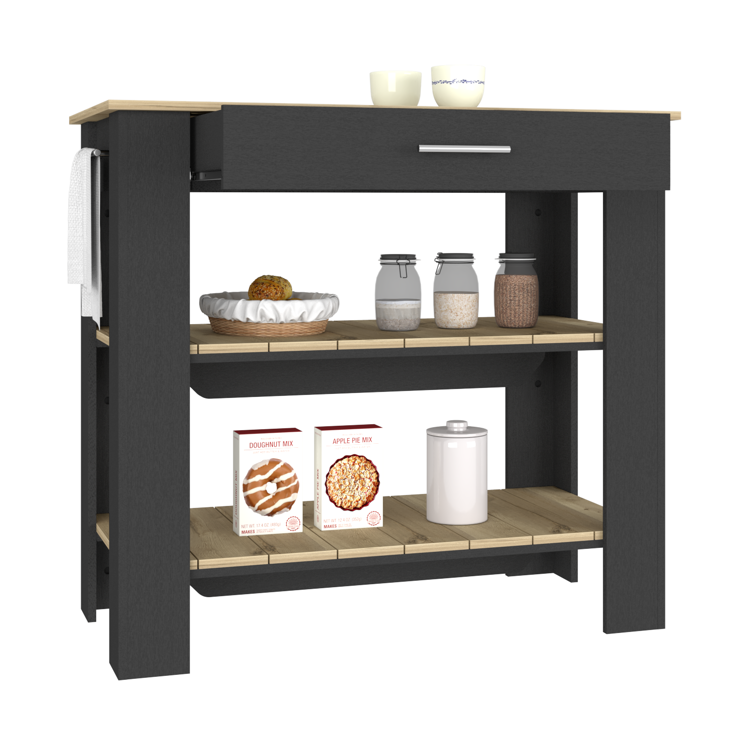 Kitchen Island 40 Inches Dozza, Two Shelves, Black Wengue / Light Oak Finish-4