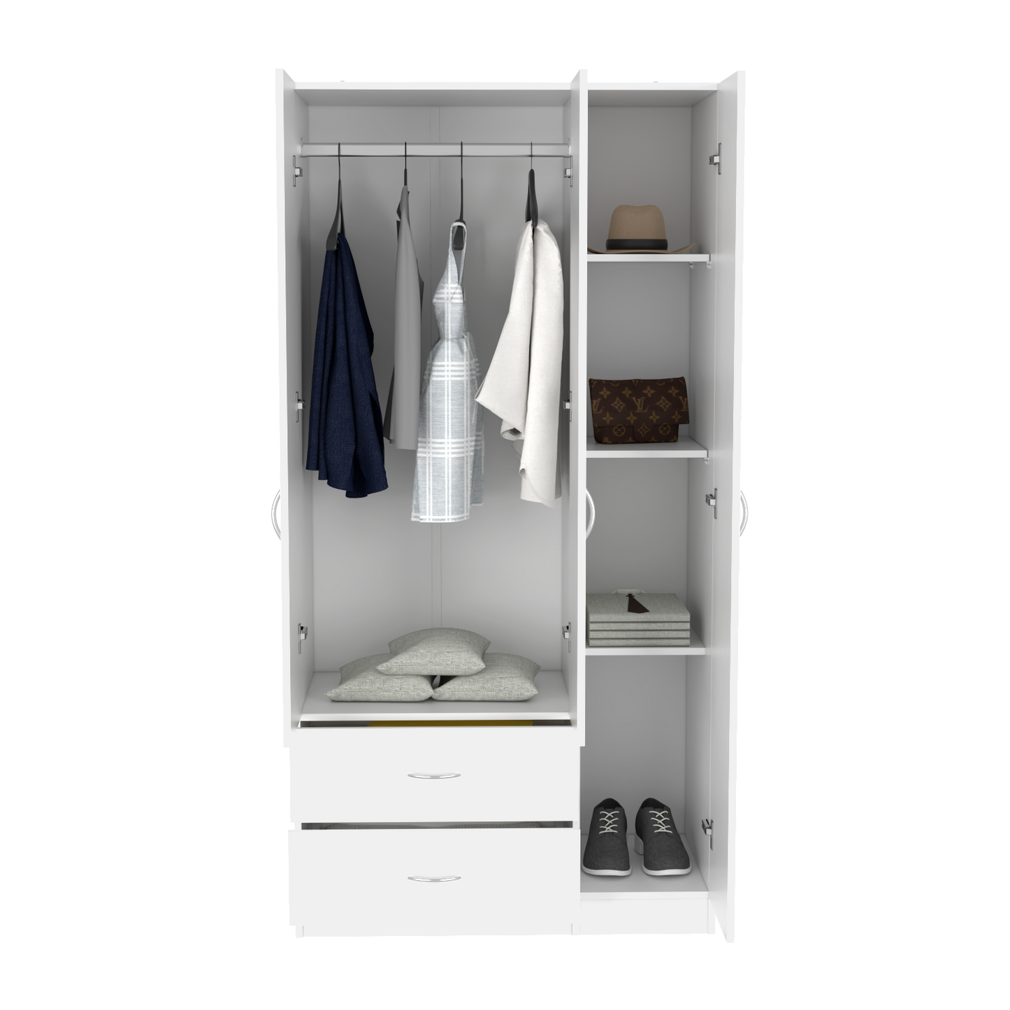 Three Door Armoire Clark, Metal Rod, White Finish-2